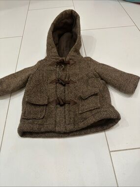 Marie Chantal Brown Herringbone Hooded Pea Coat 6m baby wool